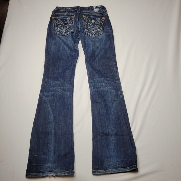 25 MEK OAXACA DISTRESSED BOOT FLARE WIDE miss me buckle  embroidered JEANS - Picture 15 of 16